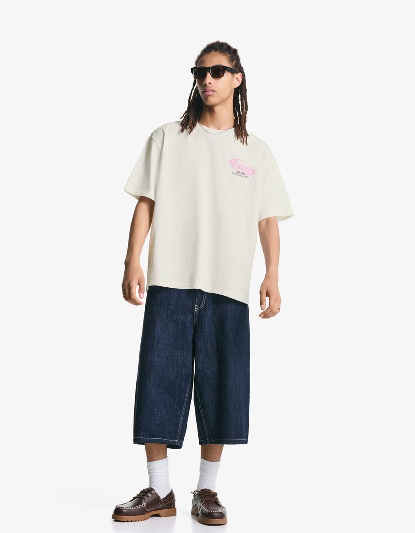 Póló BERSHKA, krémszínű