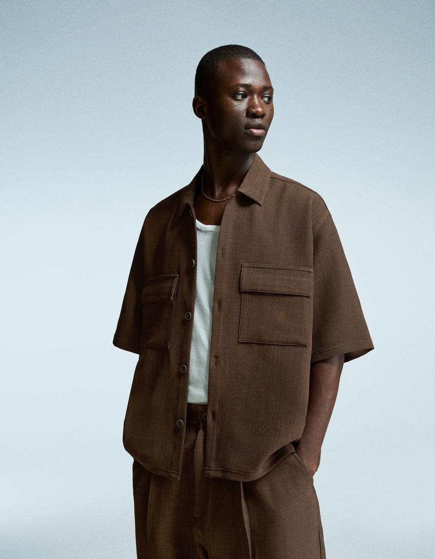 Rövid ujjú ing BERSHKA, barna