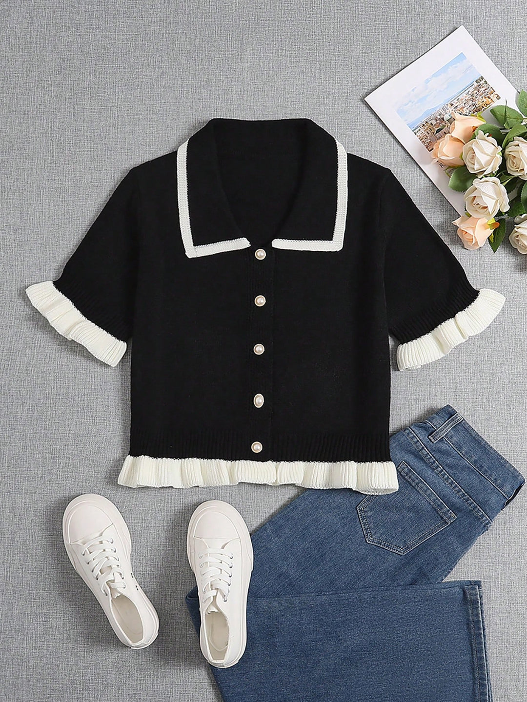 Pulover cu nasturi SHEIN, negru