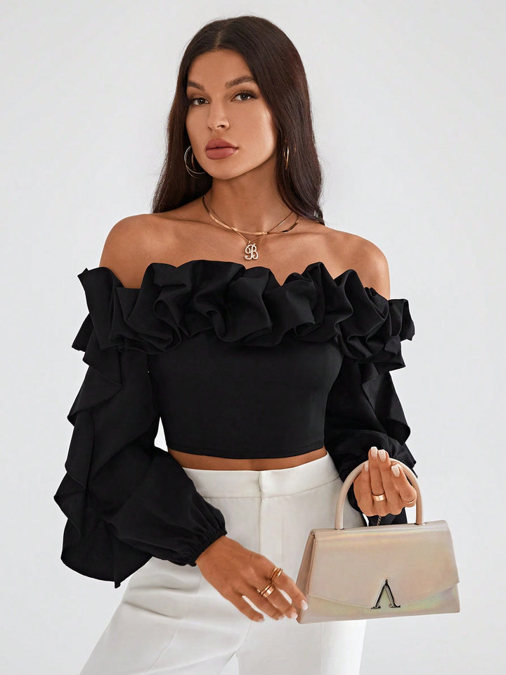 Top decupat cu volane SHEIN, negru