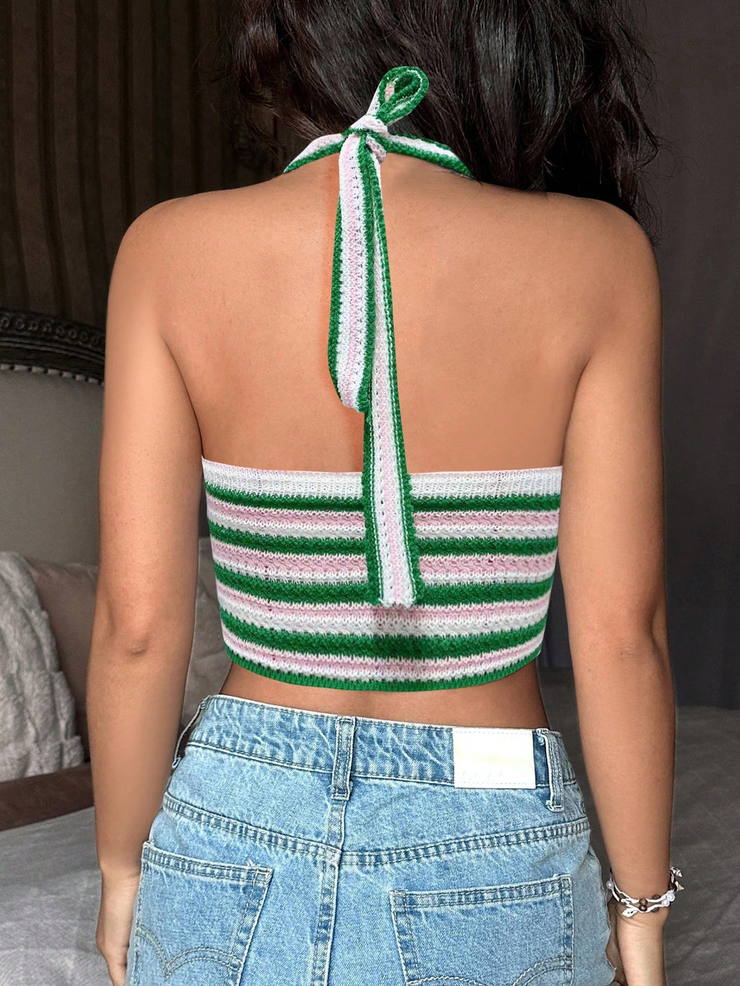 Top tricotat cu bretele halter SHEIN, verde
