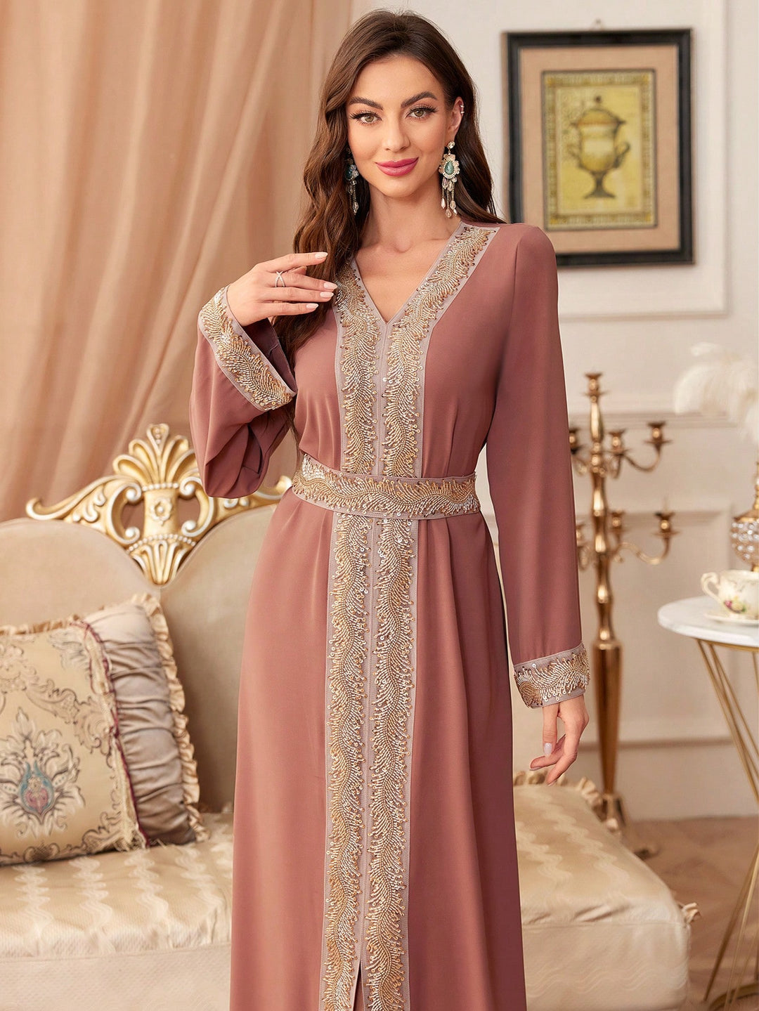 Set caftan și jalabiya SHEIN, roz