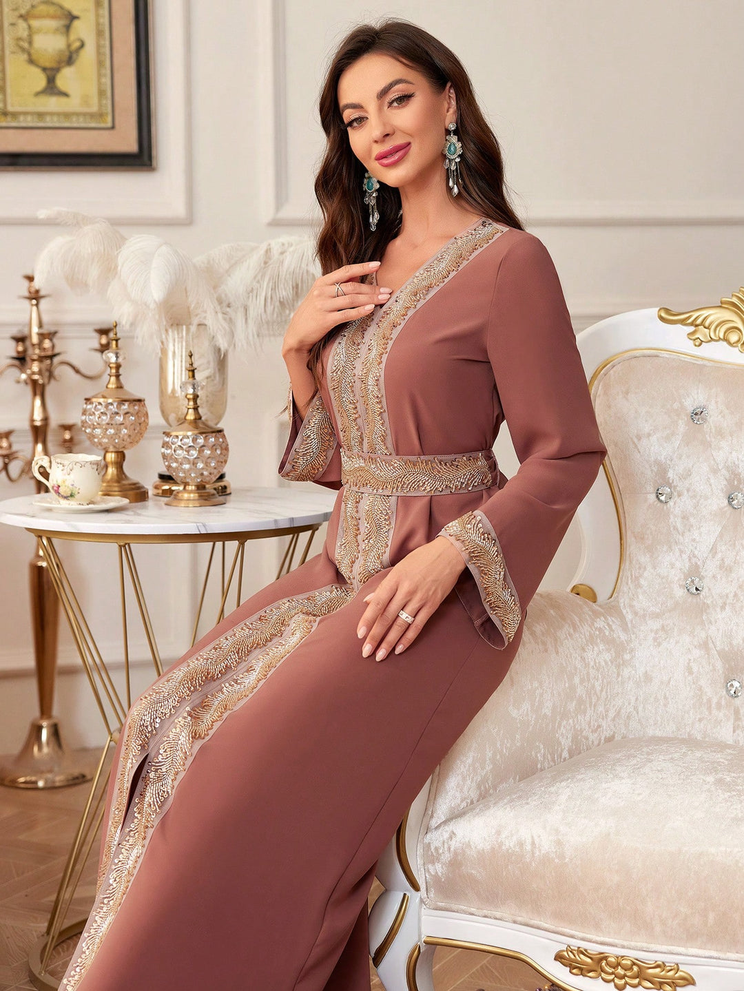 Set caftan și jalabiya SHEIN, roz