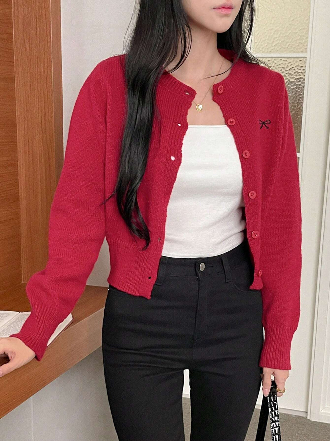 SHEIN piros gombos kardigán