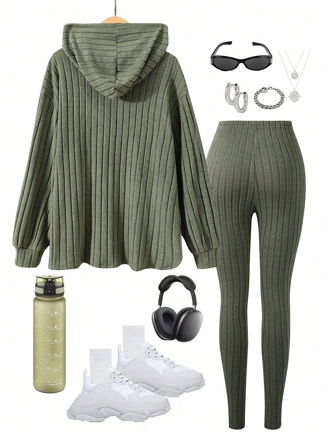 SHEIN khaki kapucnis pulóver és leggings szett