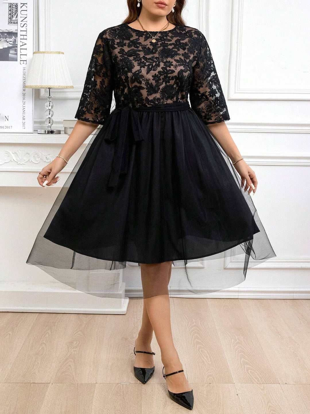 Shein Curve+ midi ruha, fekete