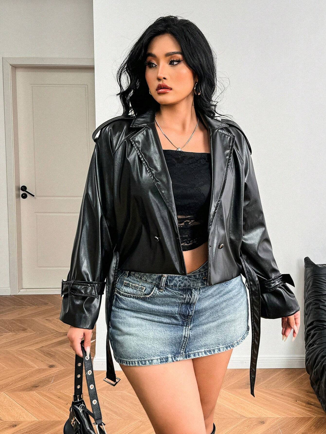 Jachetă imitație piele SHEIN, negru