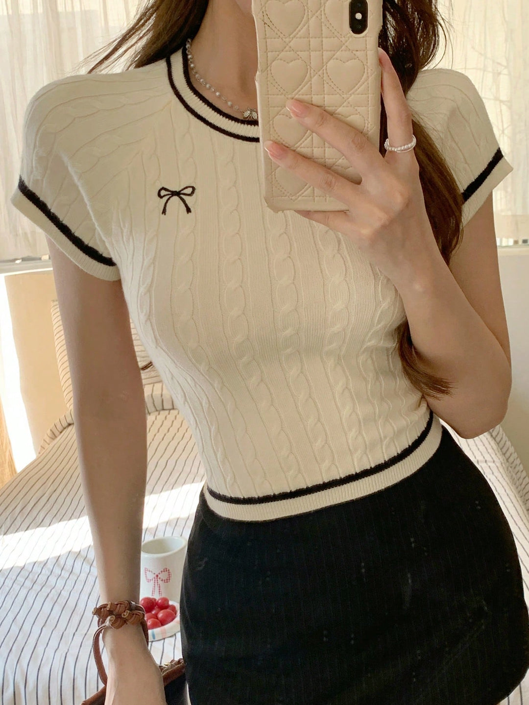 Bluza tricotată cu mâneci scurte SHEIN, alb