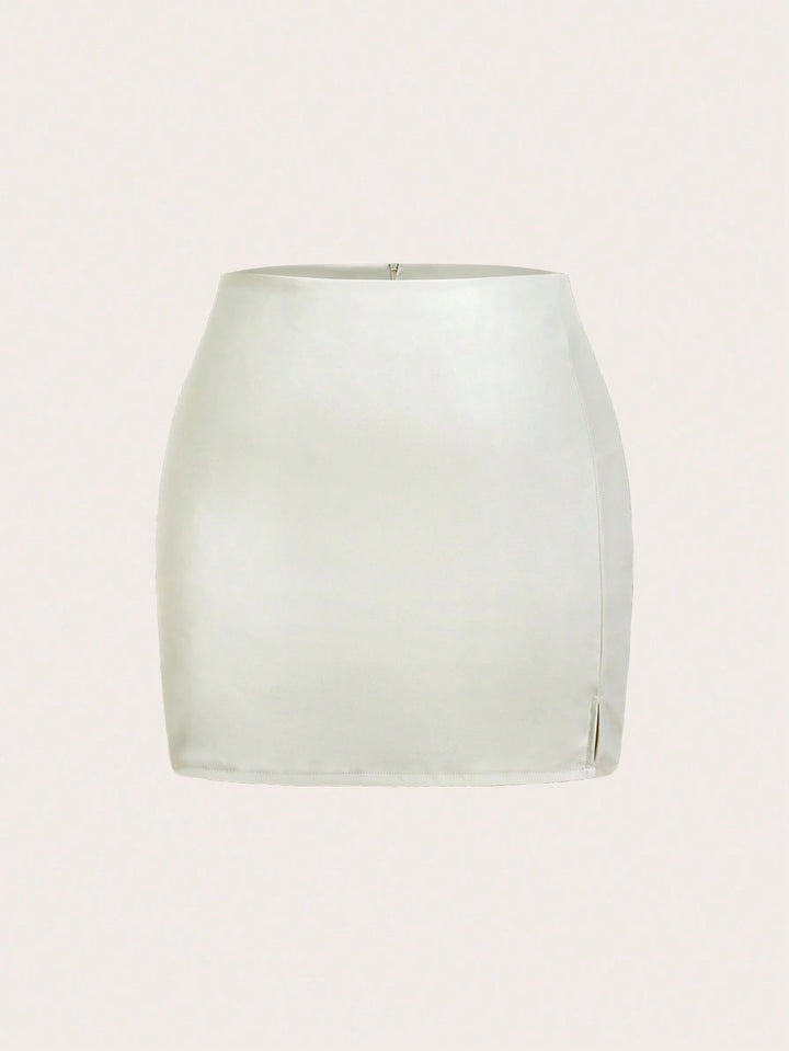 Shein Curve+ műbőr szoknya, krémszínű