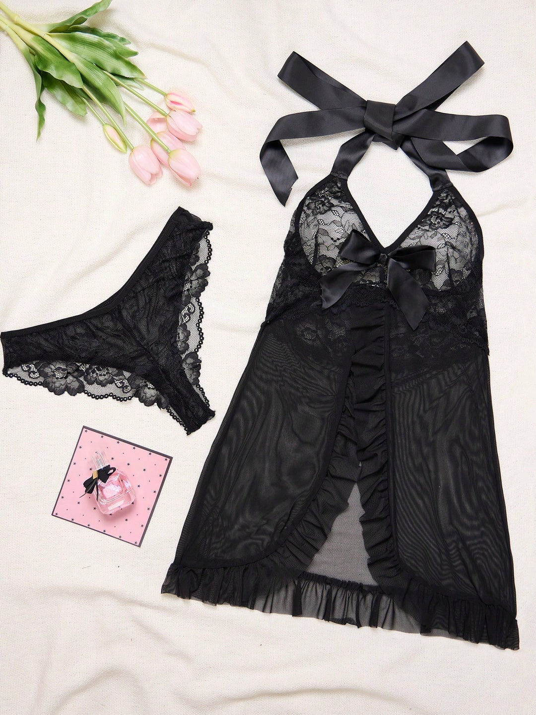 Set lenjerie din dantelă SHEIN, negru