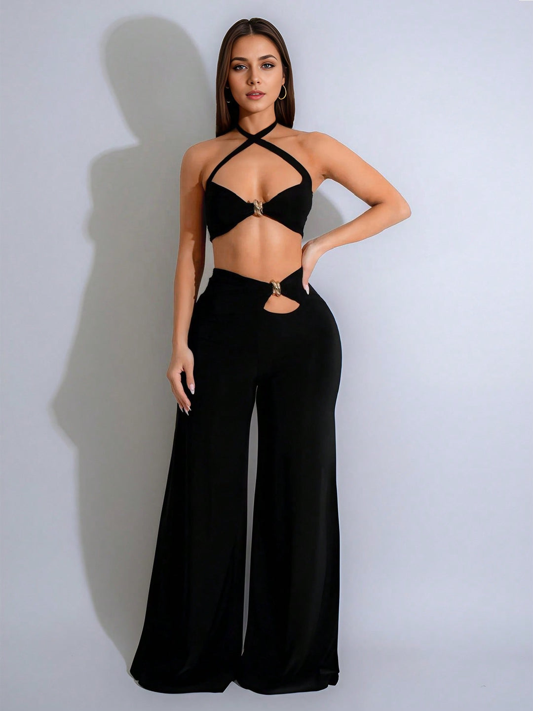 Set din două piese cu top fără mâneci și pantaloni tip salopetă SHEIN, negru