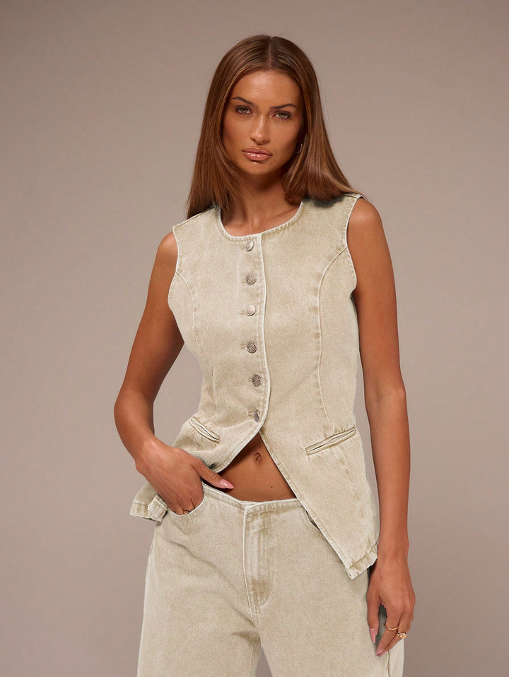 Jachetă denim fără mâneci SHEIN, kaki
