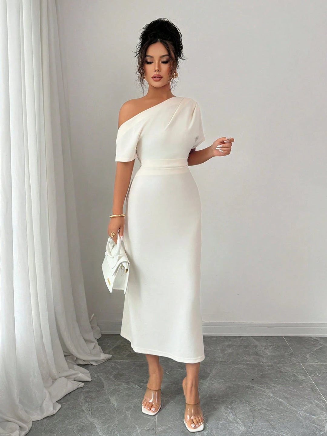 SHEIN midi ruha, krém színű