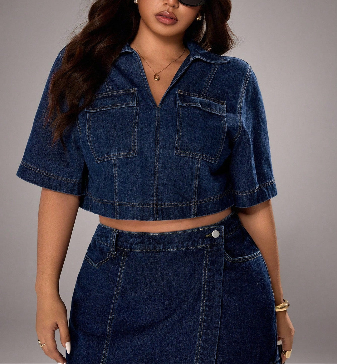 Shein Curve+ rövid ujjú farmer ing, kék