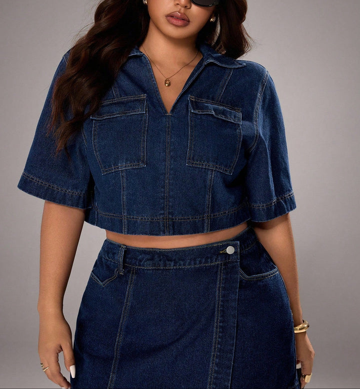 Shein Curve+ rövid ujjú farmer ing, kék