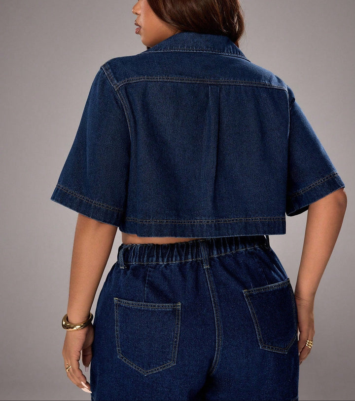 Shein Curve+ rövid ujjú farmer ing, kék