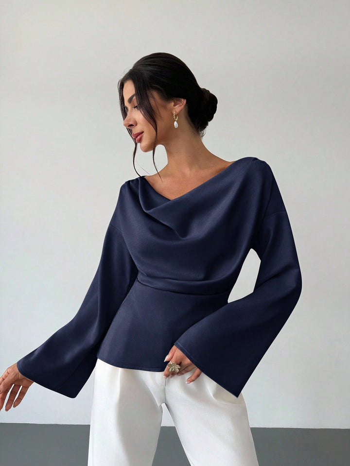 Bluza satin asimetrică SHEIN, albastru