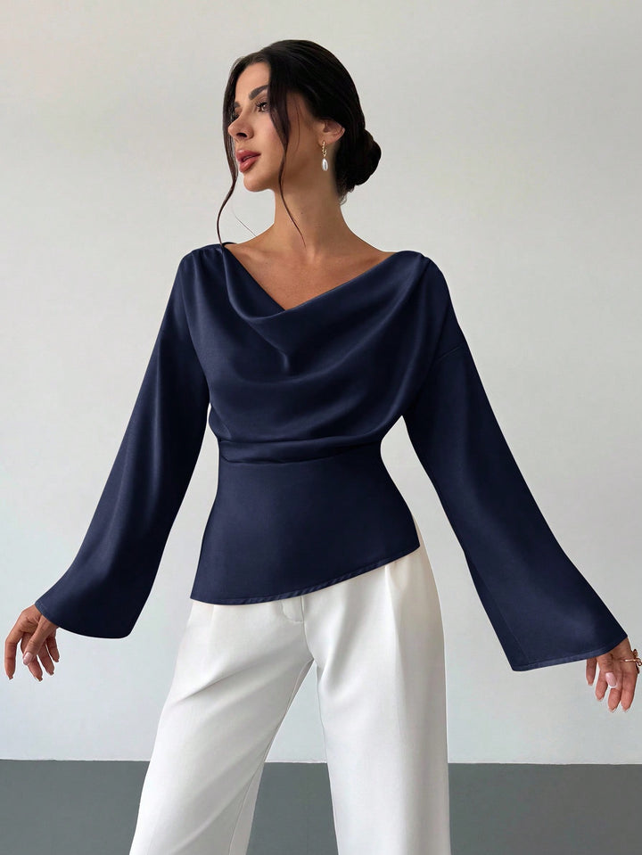Bluza satin asimetrică SHEIN, albastru