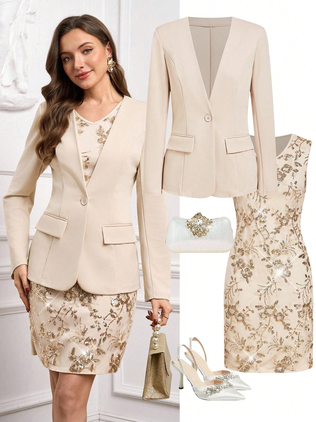 Set rochie și sacou Shein, crem