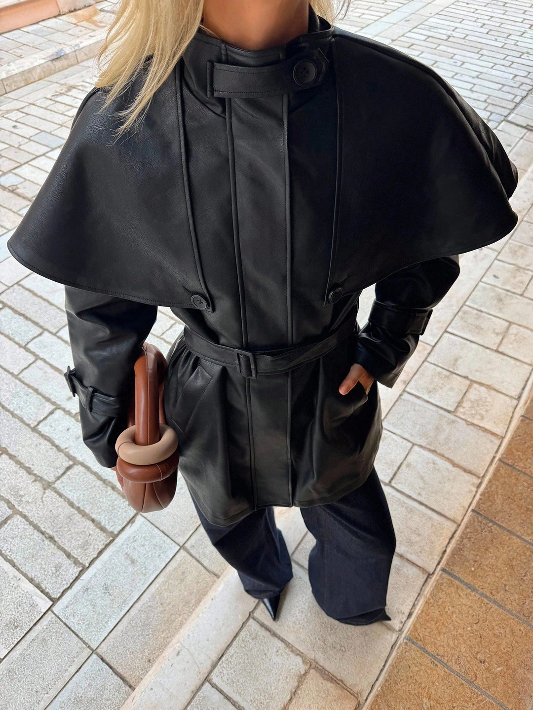 Trench imitație de piele Shein, negru