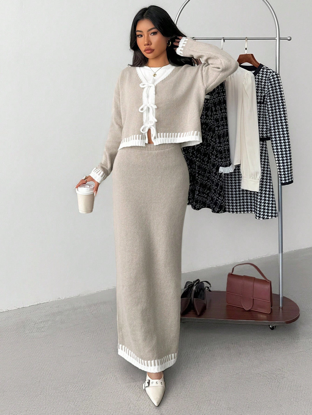Set De Cardigan Și Fustă Shein, Mix Culori