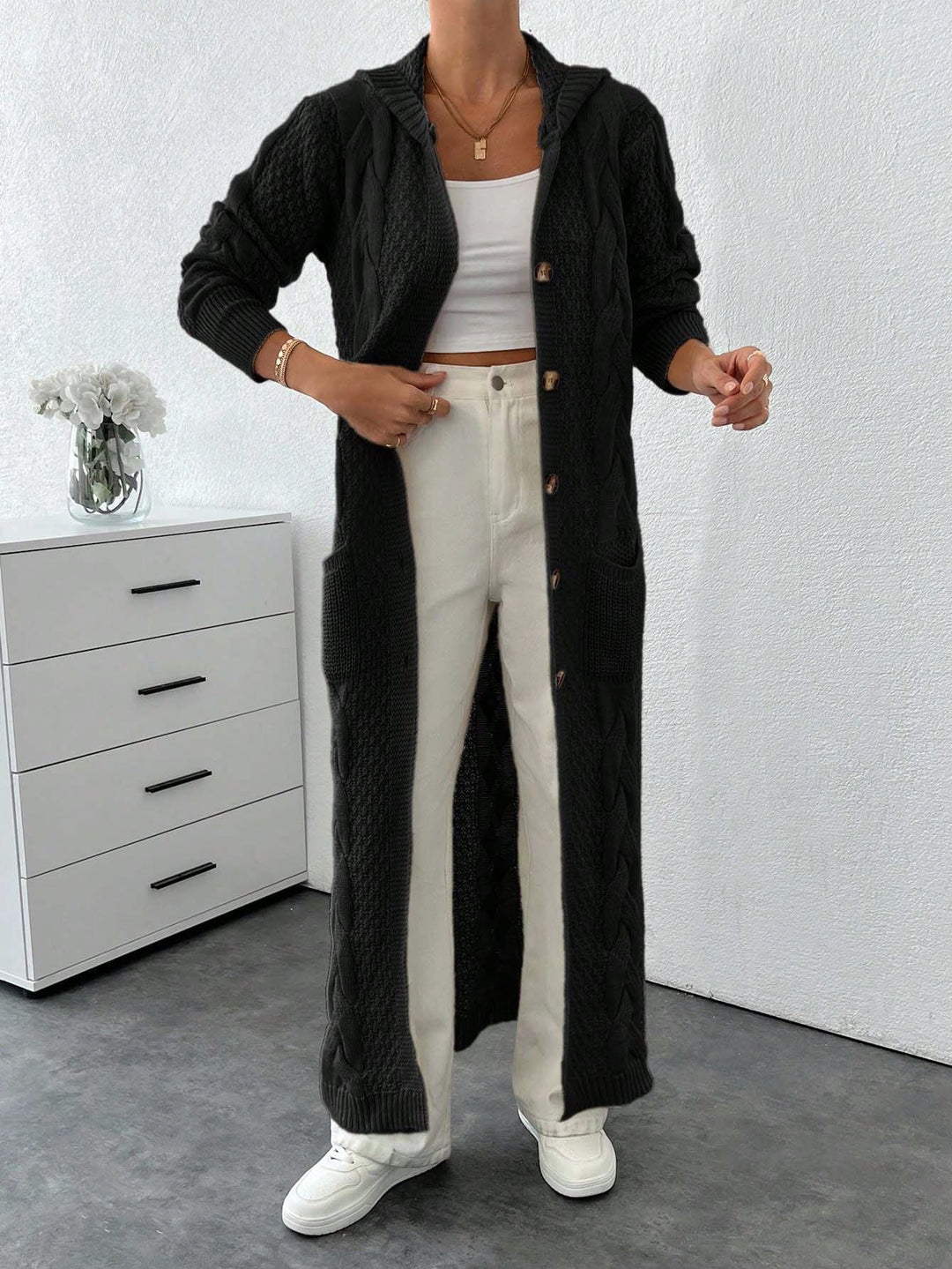 Cardigan lung SHEIN, negru