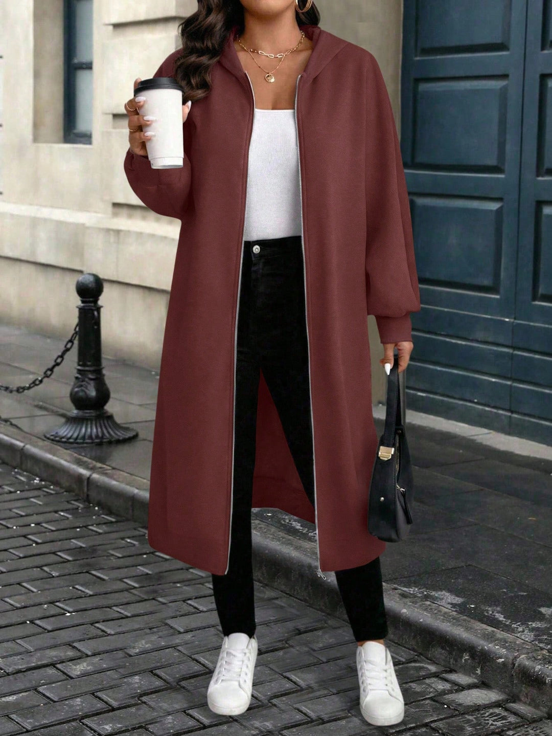 Shein Curve+ hosszú kapucnis pulóver, barna