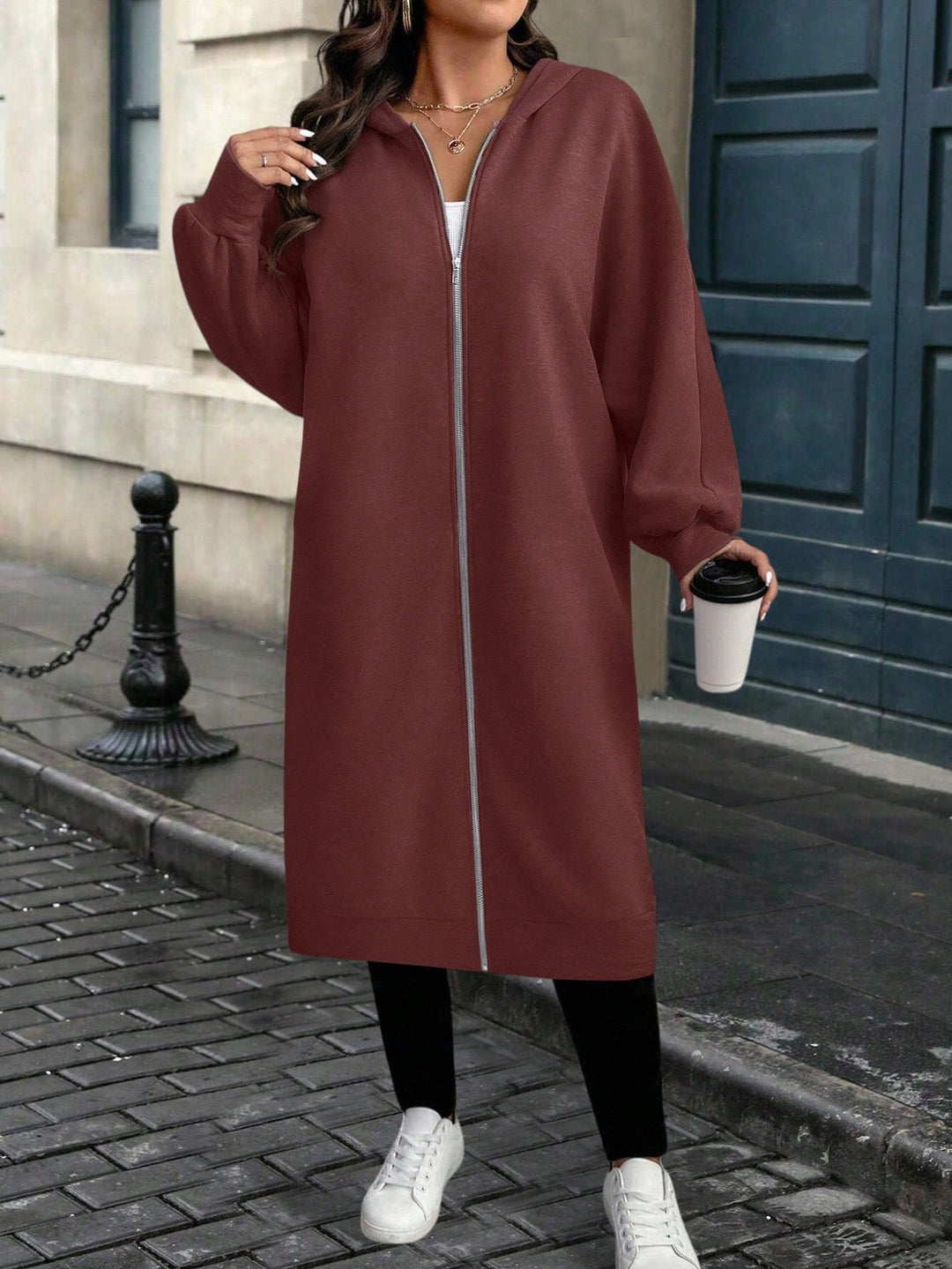 Shein Curve+ hosszú kapucnis pulóver, barna