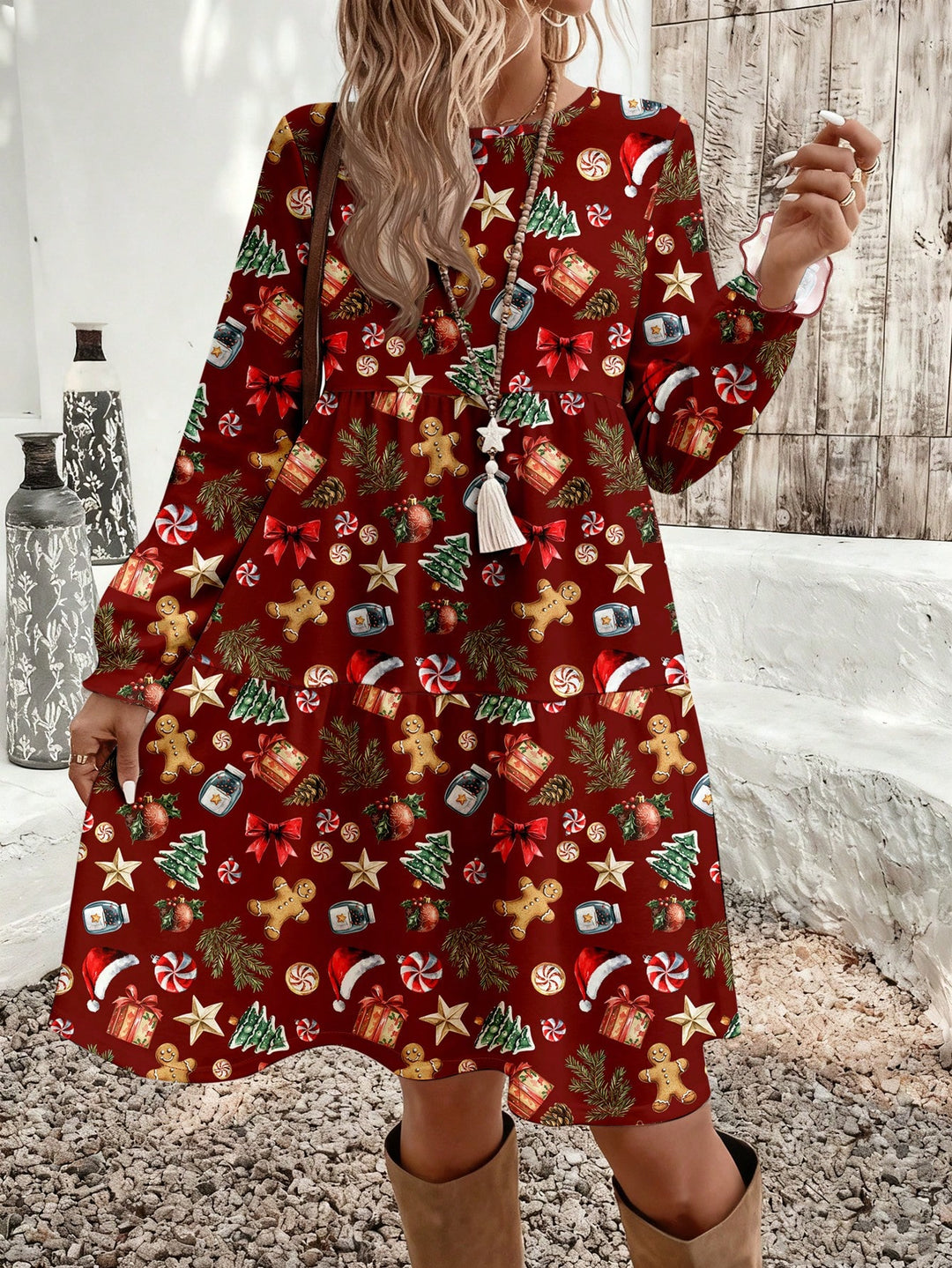 Shein Curve mini ruha, bordó