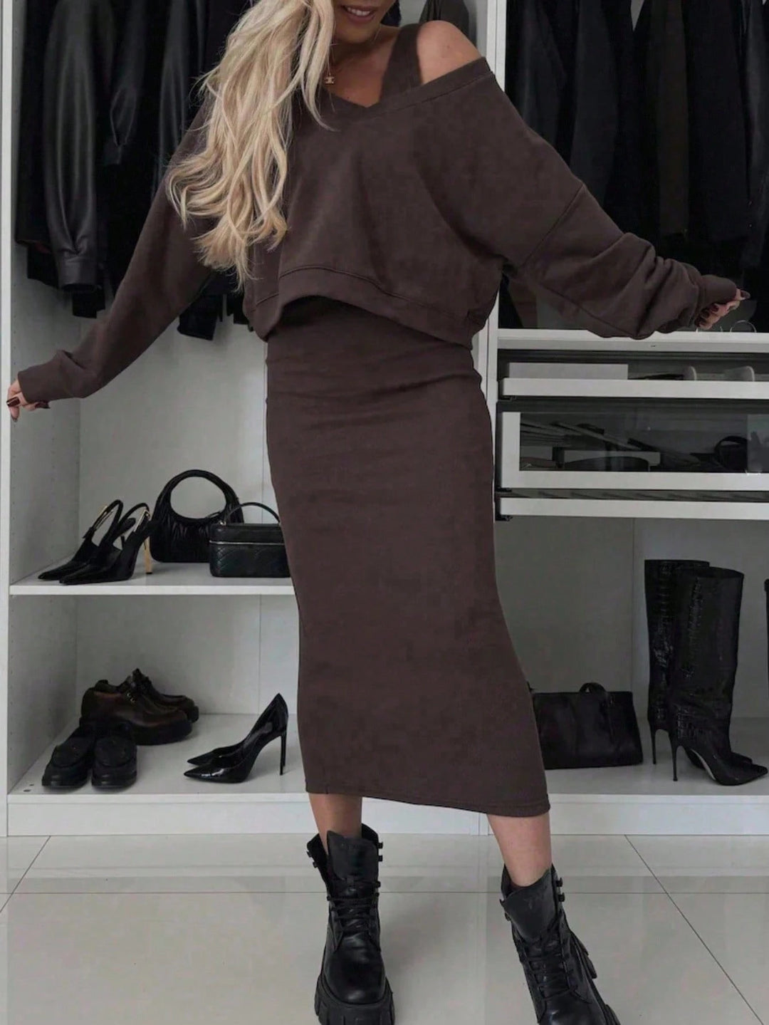 Set rochie și bluză Shein, maro