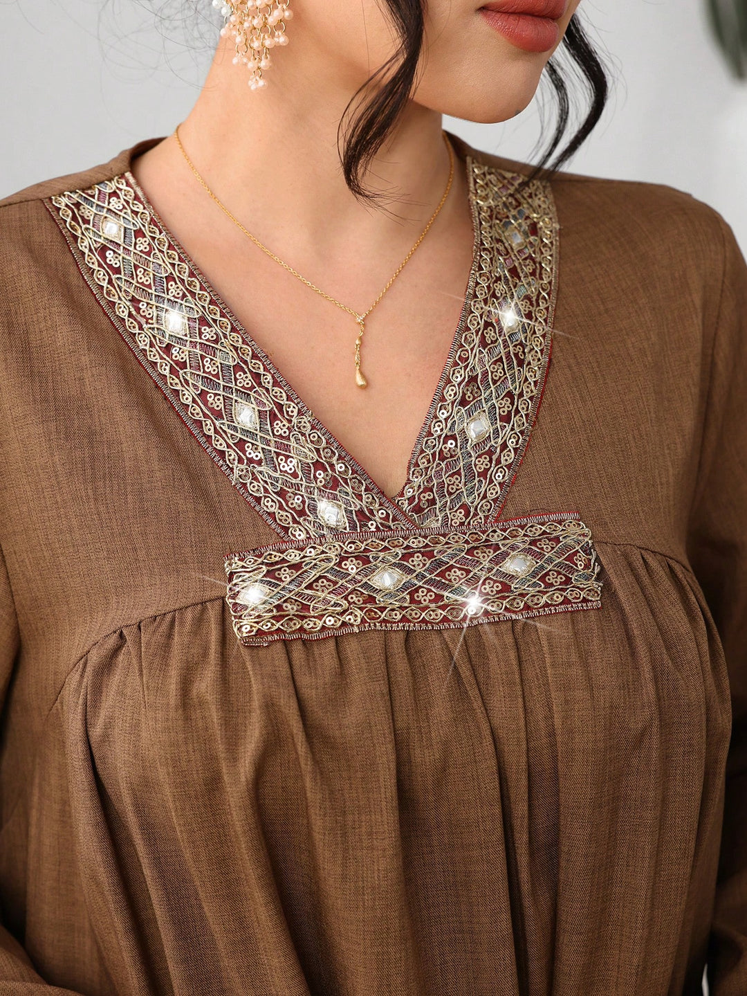 Set caftan și jalabiya SHEIN, maro