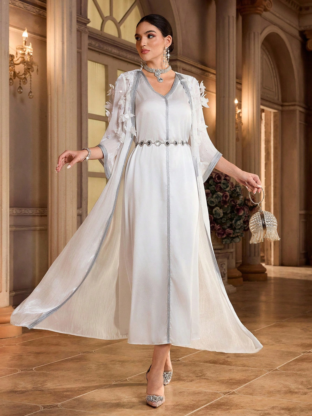 Set caftan și jalabiya SHEIN, alb