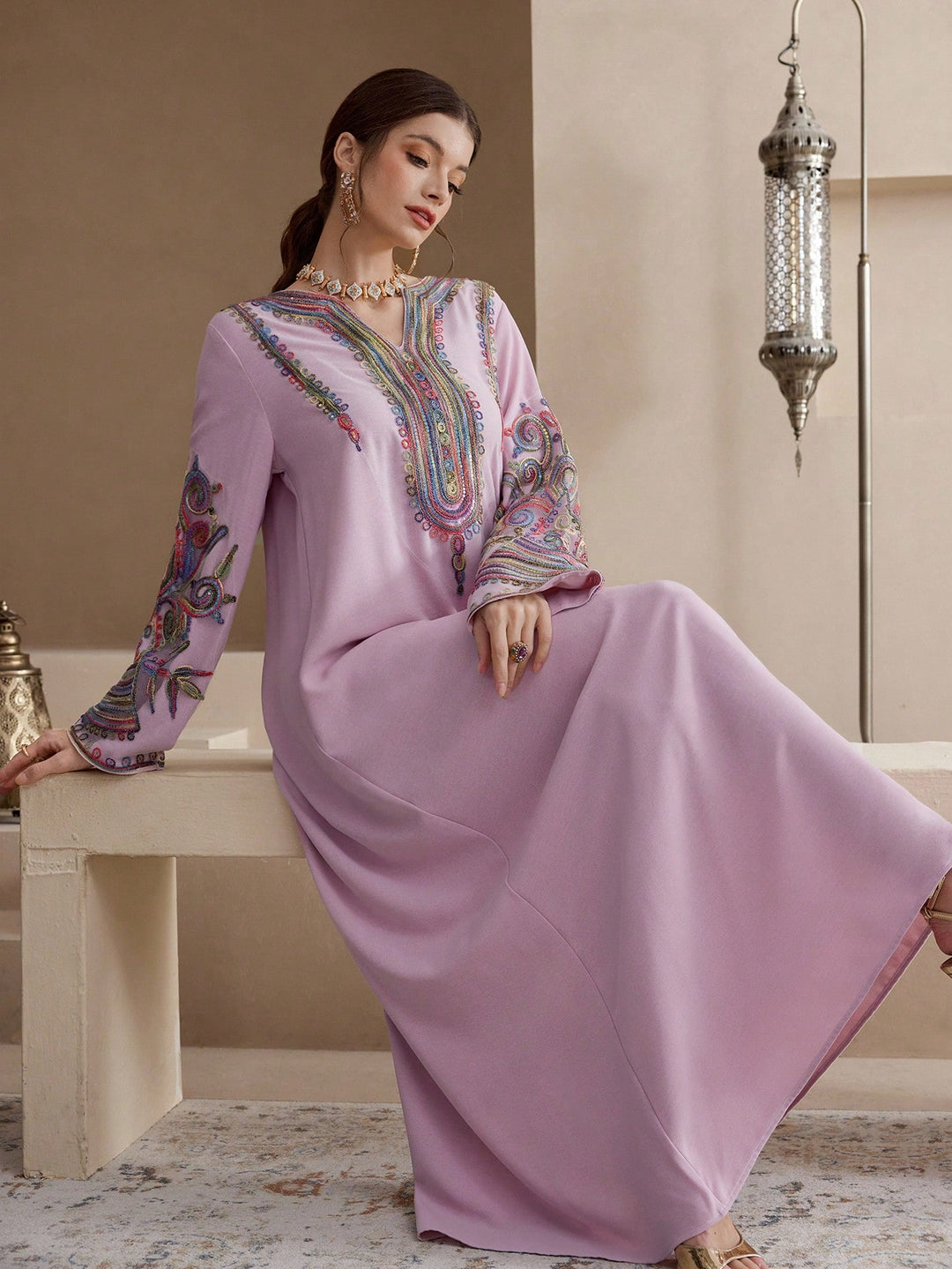 Set caftan și jalabiya SHEIN, roz