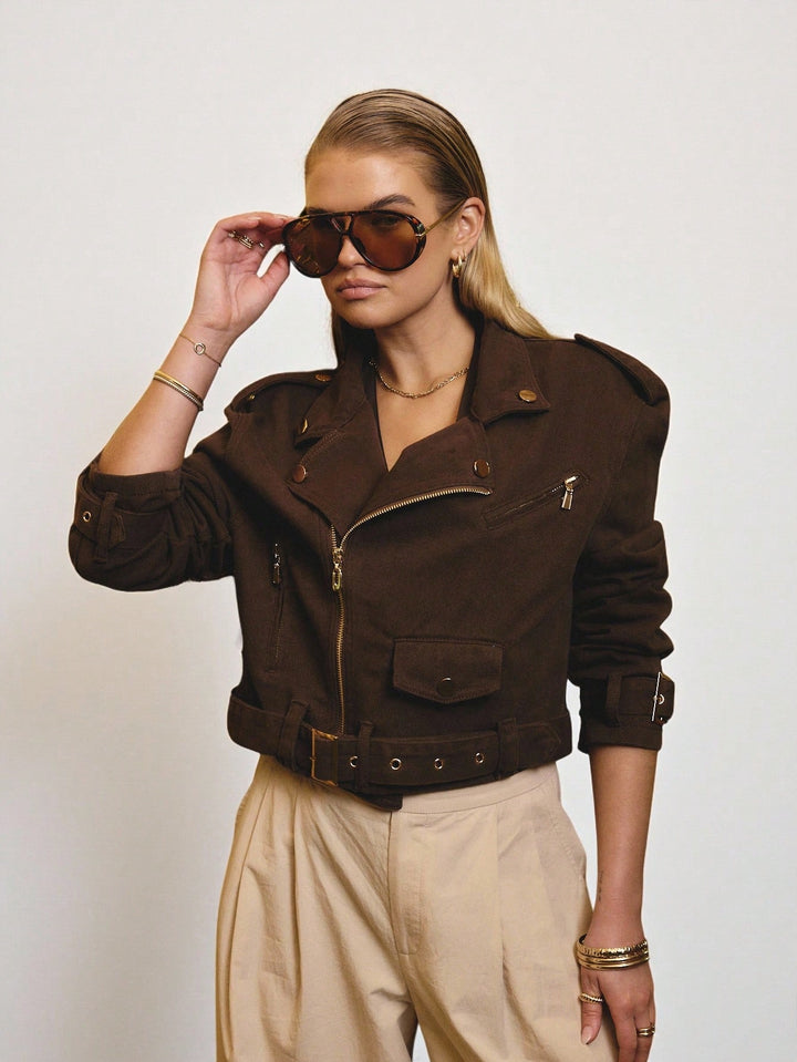 Jachetă denim tip biker SHEIN, maro