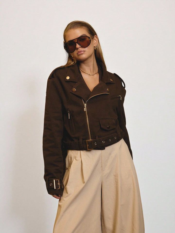 Jachetă denim tip biker SHEIN, maro
