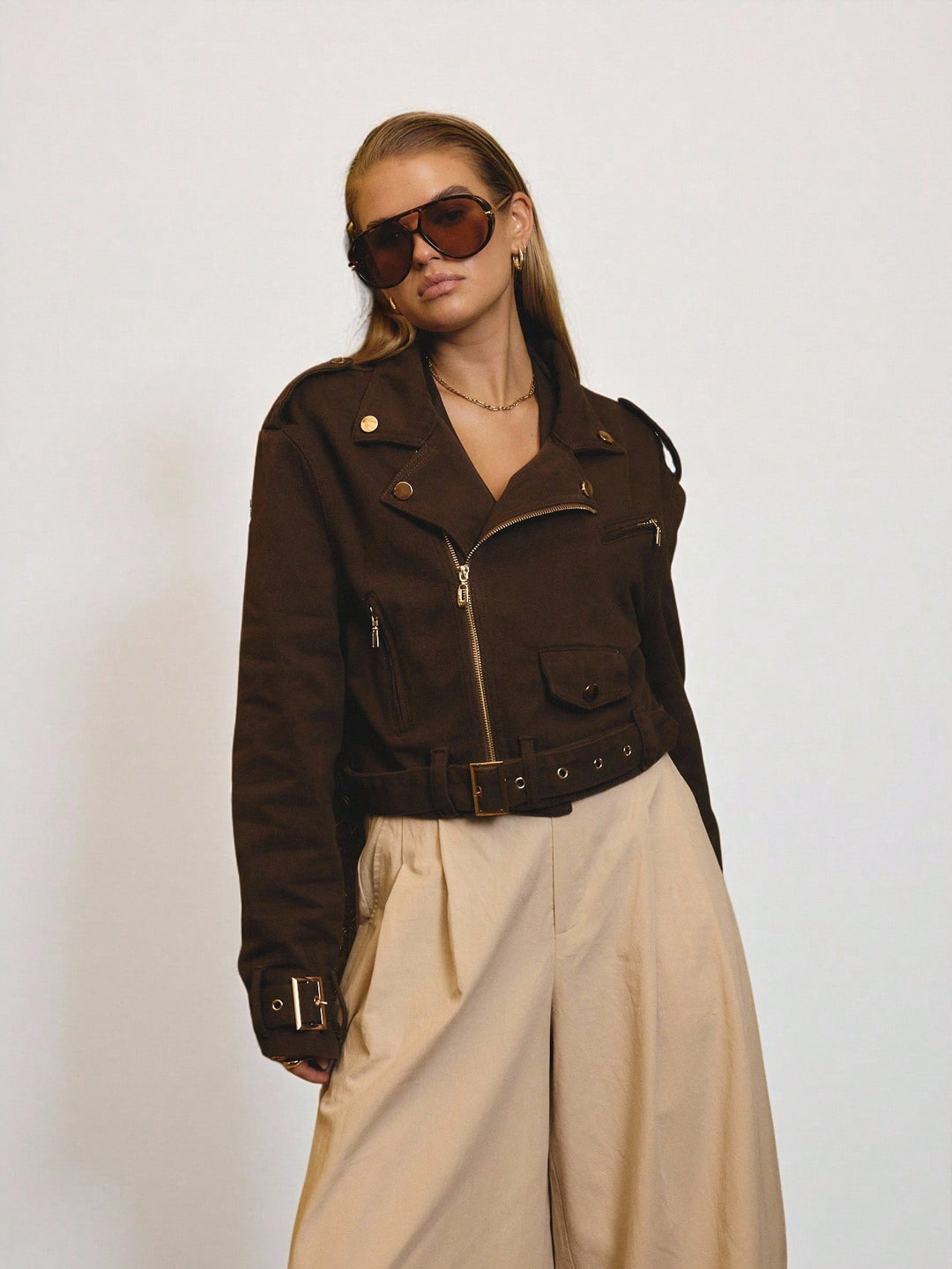 Jachetă denim tip biker SHEIN, maro