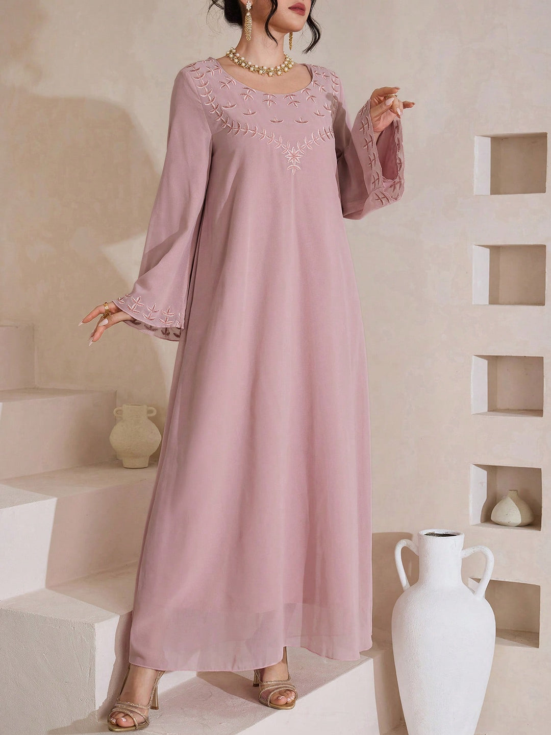 Set caftan și jalabiya SHEIN, roz