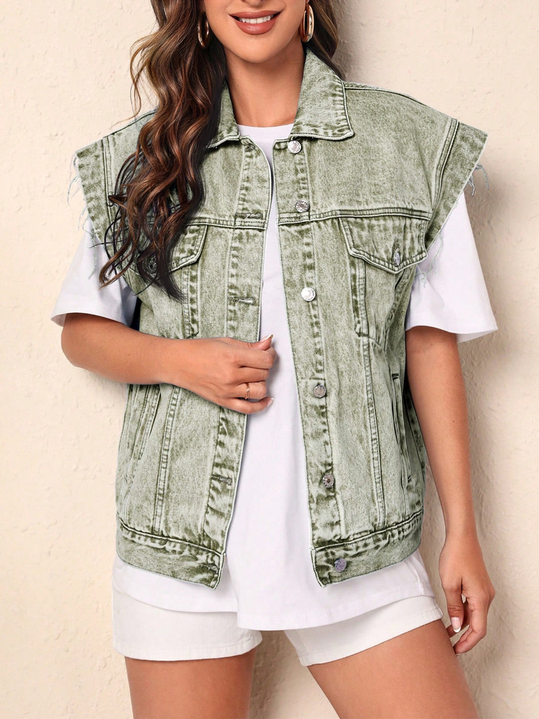 Jachetă din denim fără mâneci SHEIN, verde