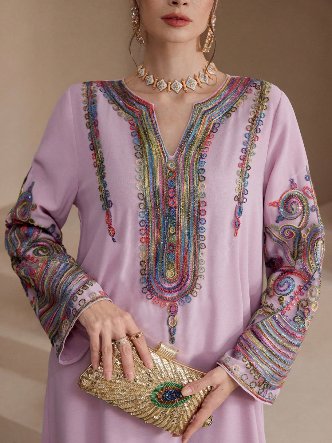 Set caftan și jalabiya SHEIN, roz