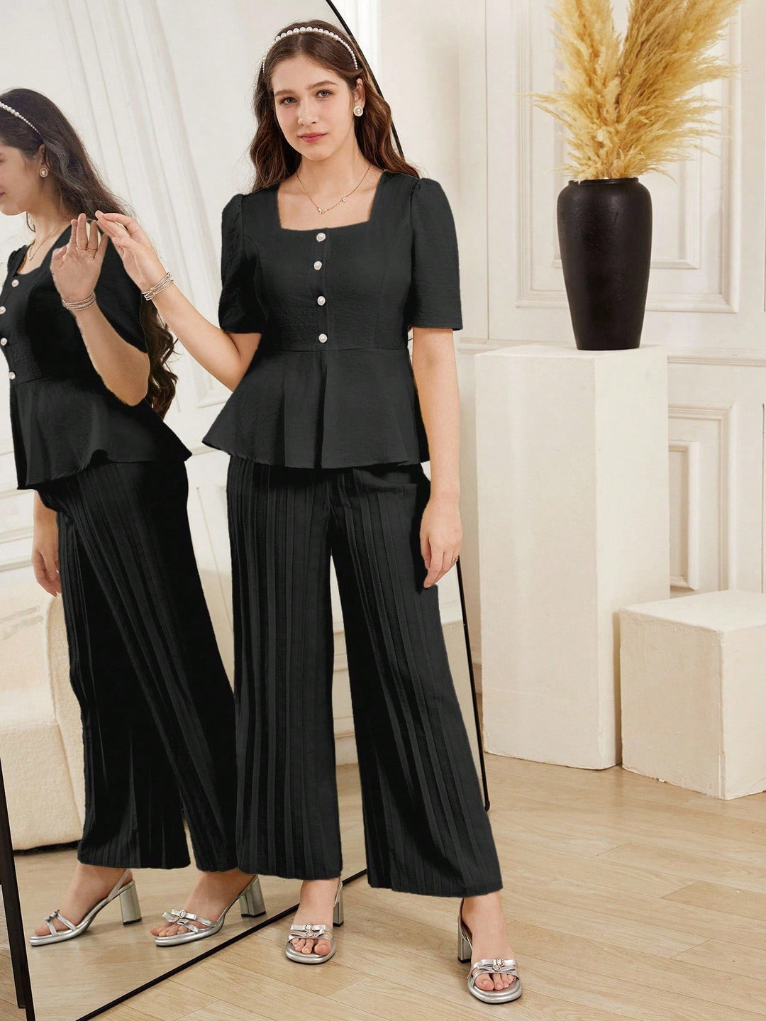 Set de bluză și pantaloni SHEIN, negru