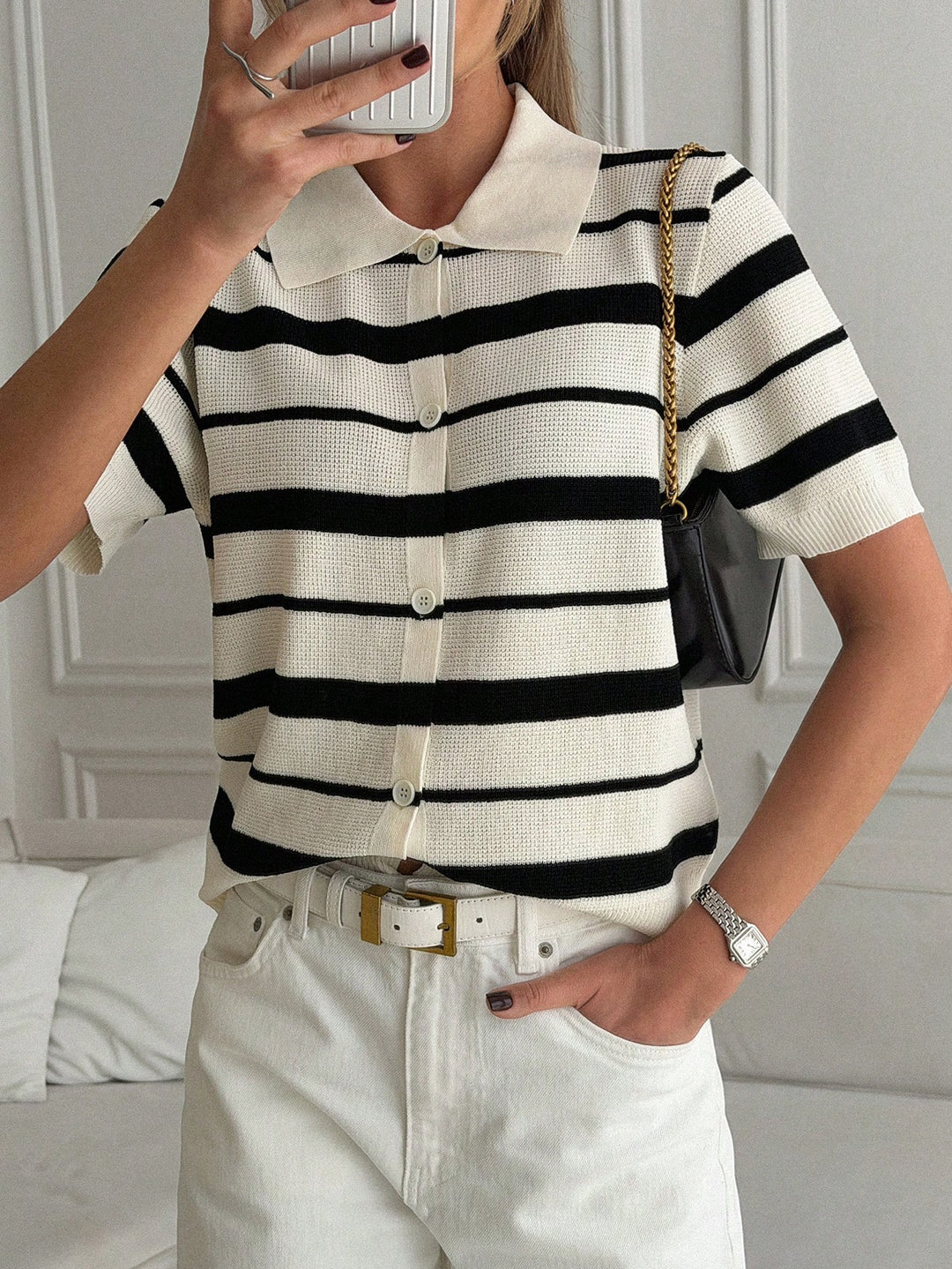 Top tricot cu guler polo SHEIN, negru