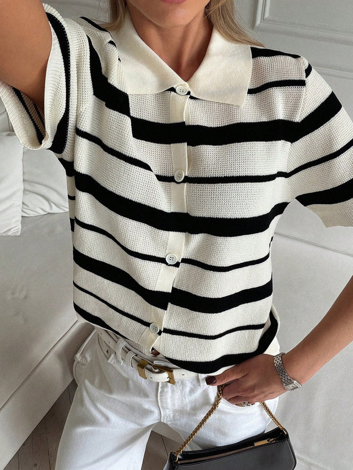 Top tricot cu guler polo SHEIN, negru