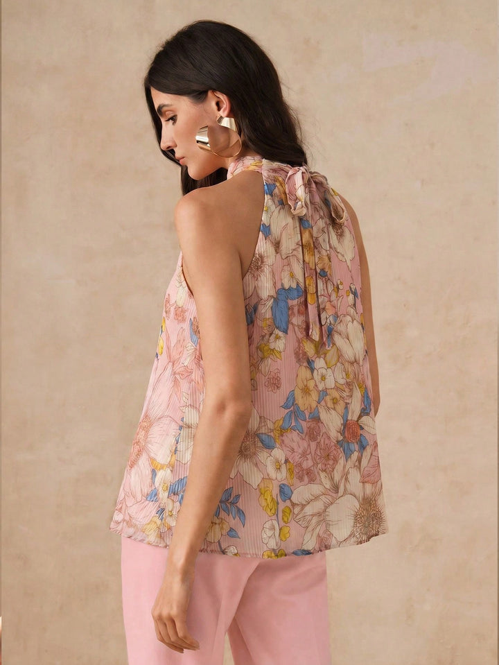 Top floral cu decolteu halter SHEIN, roz