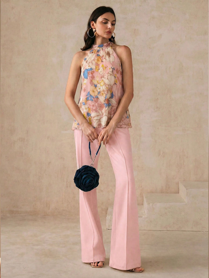 Top floral cu decolteu halter SHEIN, roz