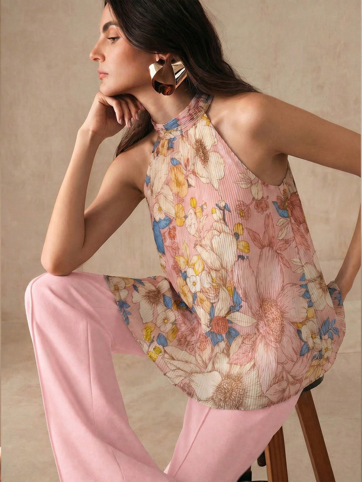 Top floral cu decolteu halter SHEIN, roz