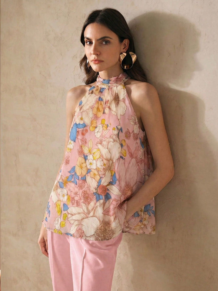 Top floral cu decolteu halter SHEIN, roz
