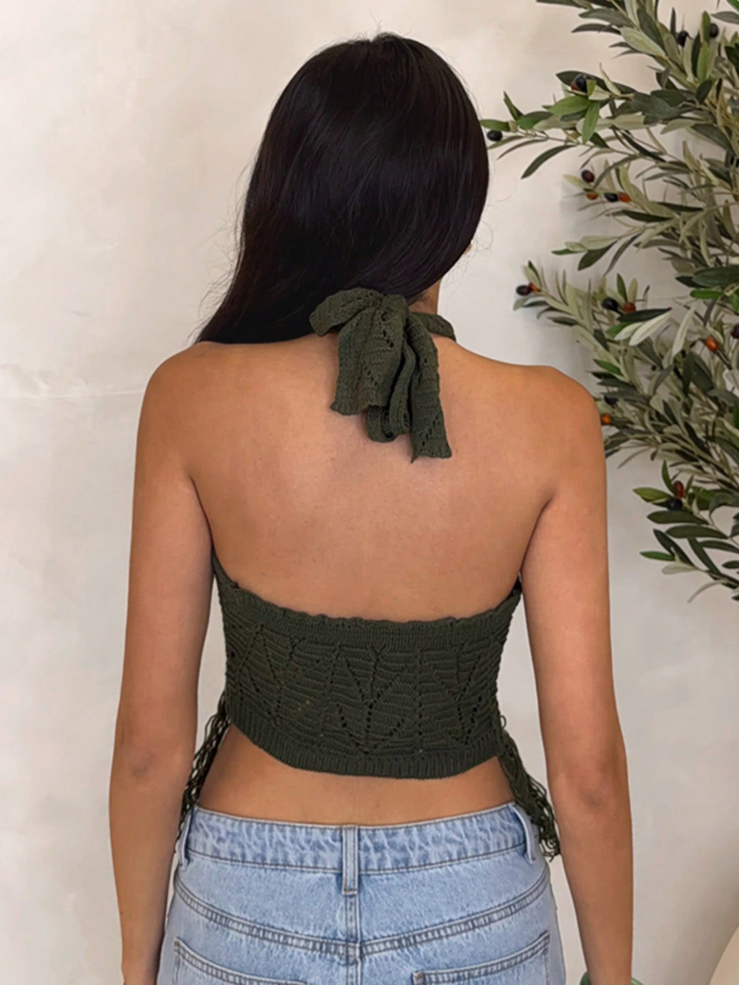 Top tricot cu ciucuri SHEIN, kaki