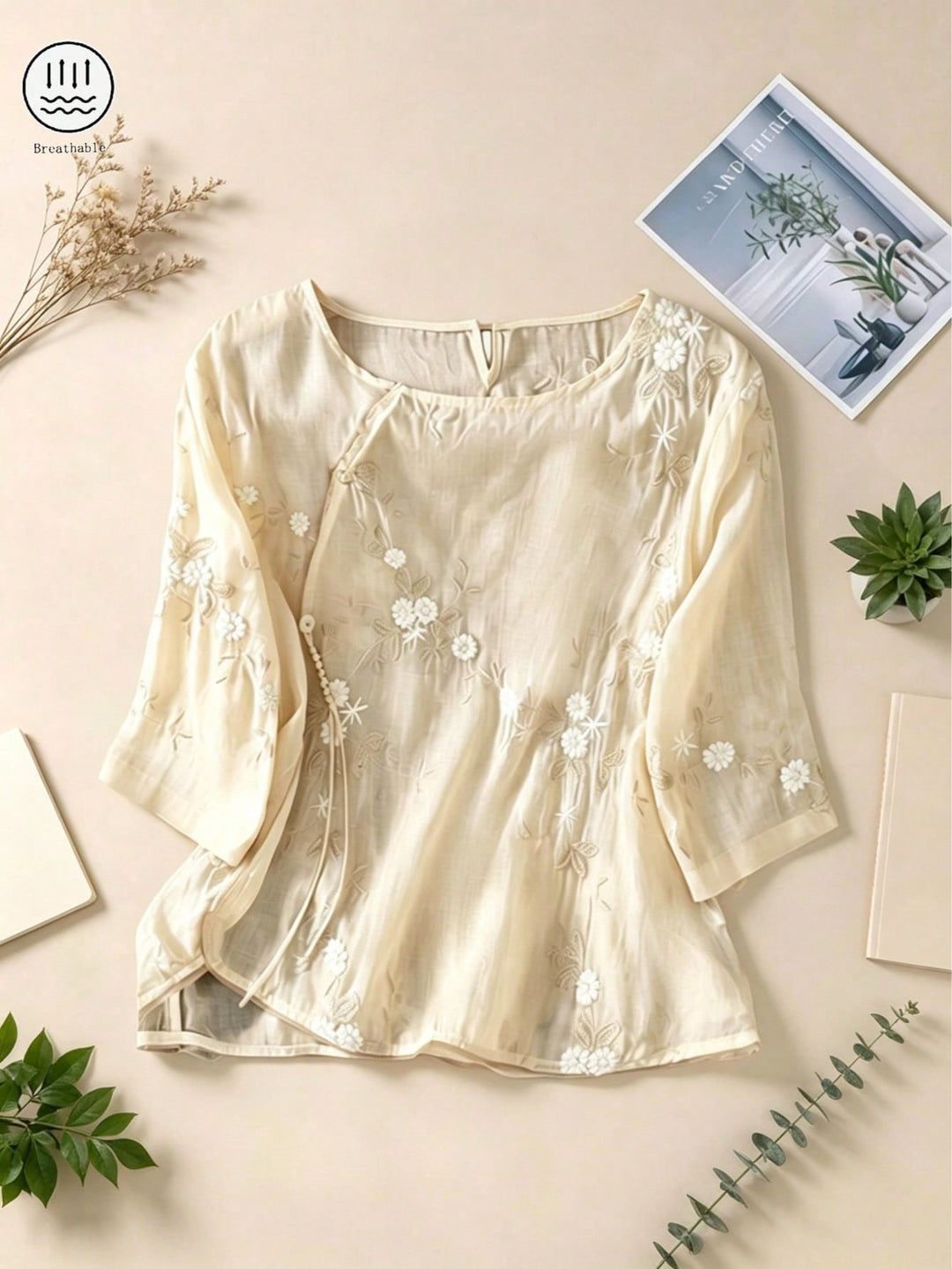 Cămașă din in cu broderie SHEIN