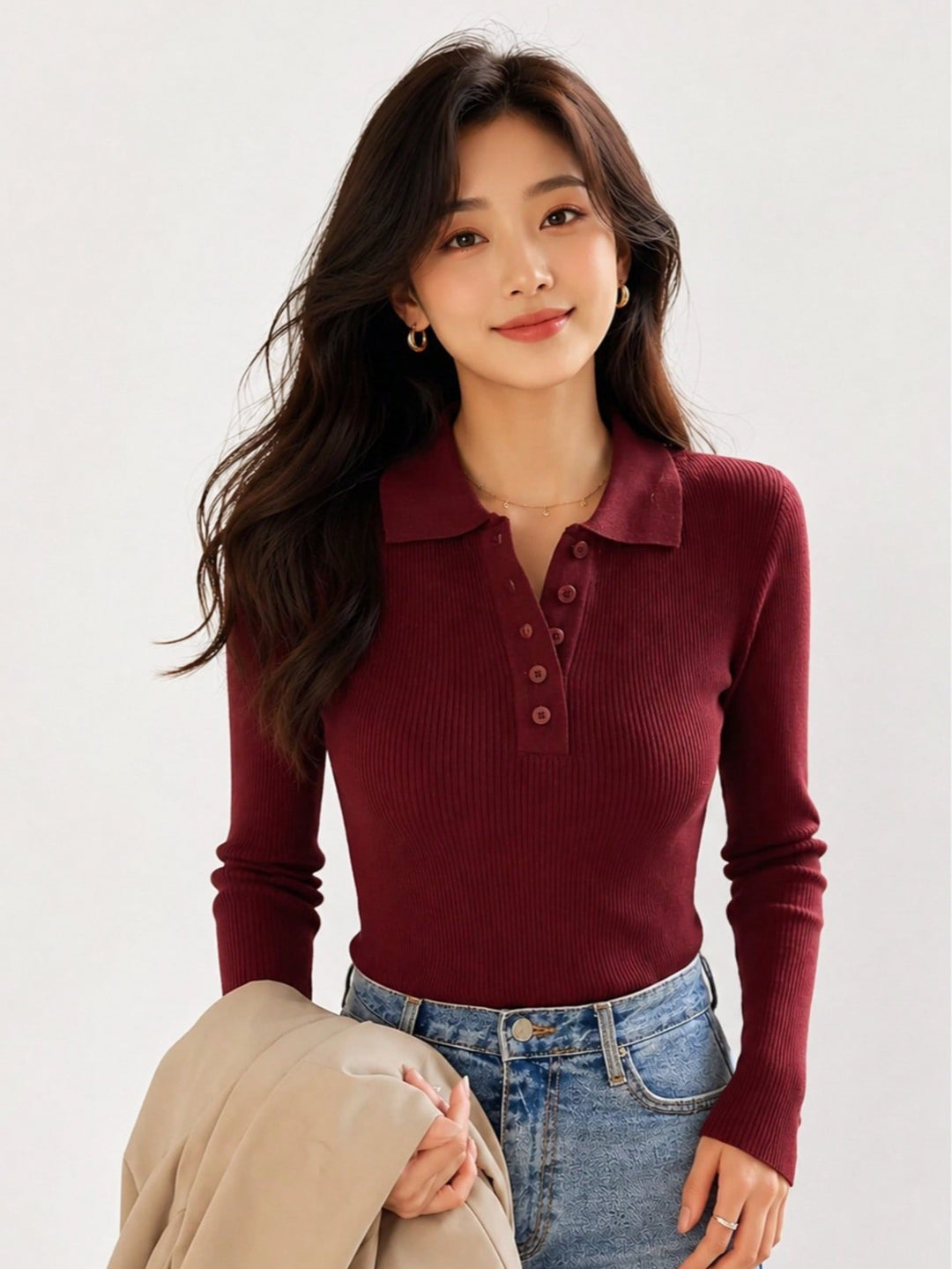 Pulover tip polo tricotat SHEIN, vișiniu