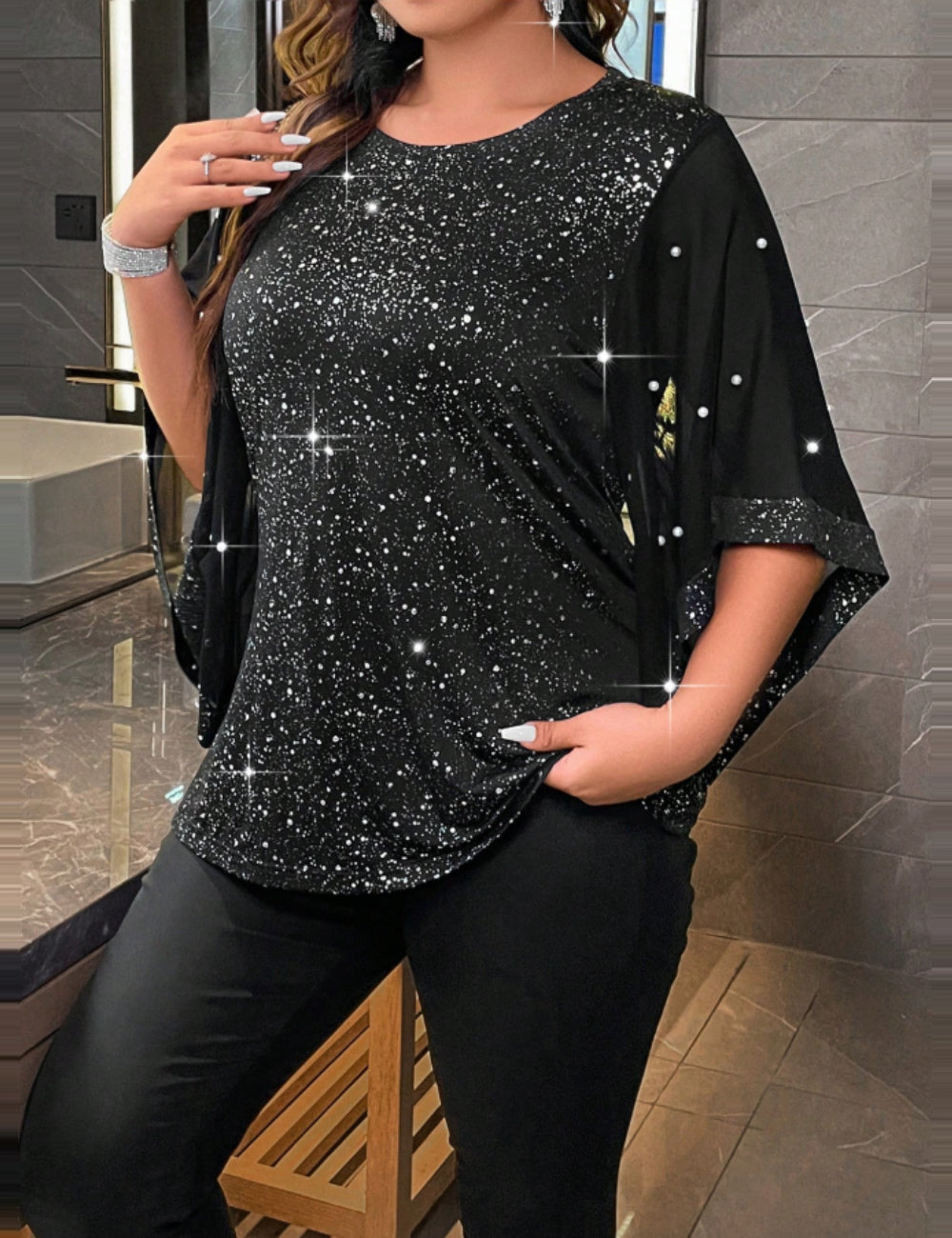 Shein Curve+ blúz, fekete